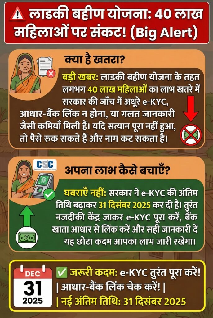 Ladki Bahin Yojana के लिए Big alert 40 लाख महिलाएं अपात्रता के घेरे में, 2026 के लिए आधिकारिक अपडेट जारी