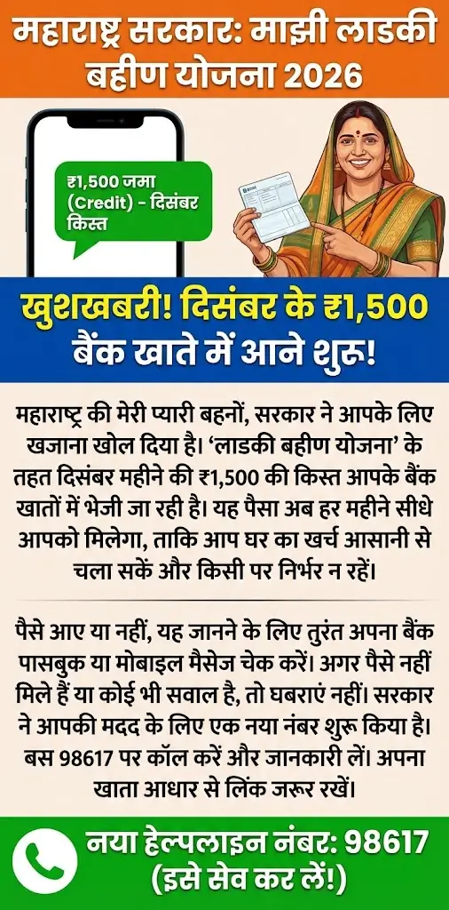 Ladki Bahin Yojana 2026 ₹1,500 Installments for December Started (New Helpline 98617)