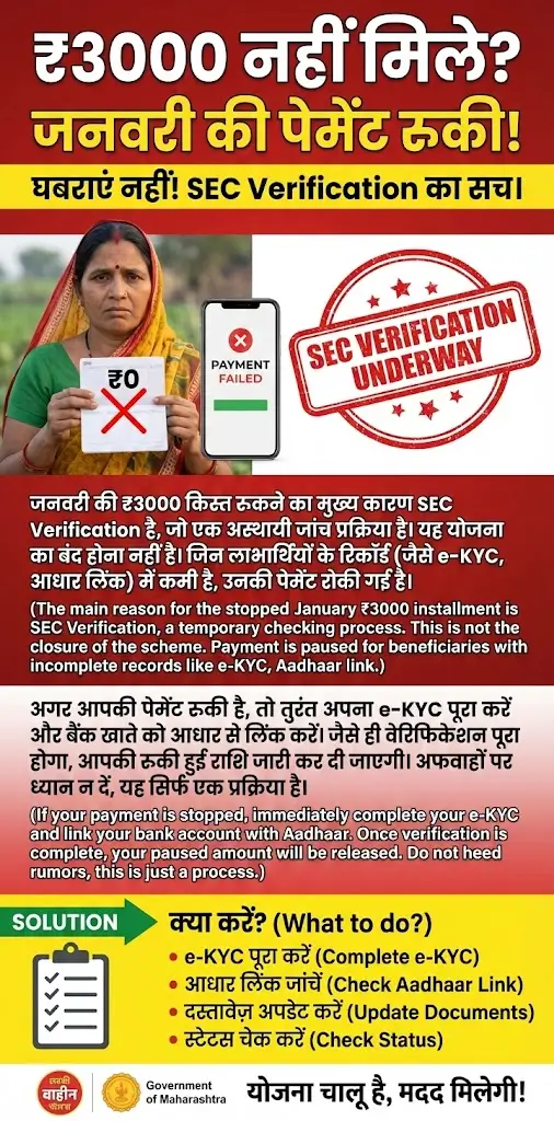 Big Update! Ladki Bahin Yojana Payment Issue: SEC Verification ने रोकी January ₹3000 Installment