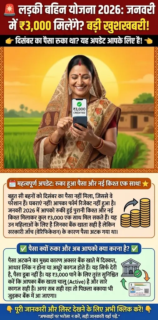 Ladki Bahin Yojana 2026 Big Update: January में ₹3,000 किसे मिलेंगे? December Installment Complete Guide